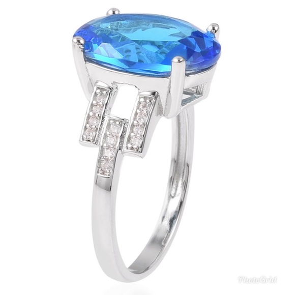 Simulated Blue Quartz, Simulated Diamond Ring - Picture 2 of 4